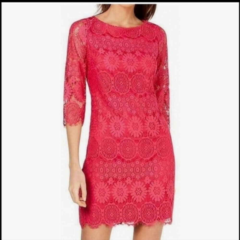 Jessica Howard Womens Lace Party Shift ¾ Sleeve Dress Hot PinkSize 18